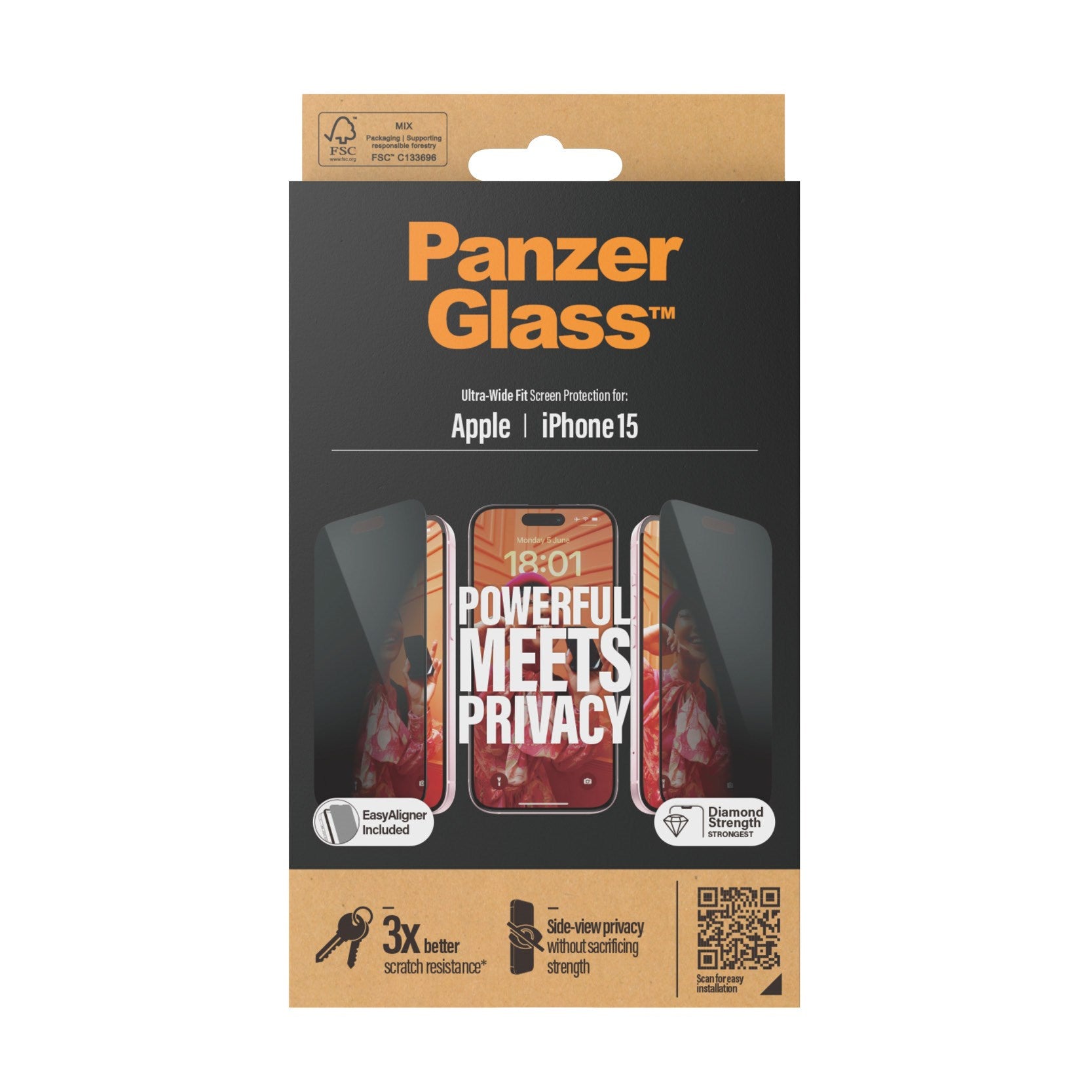 PanzerGlass® Privacy Skærmbeskyttelse iPhone 15 | Ultra-Wide Fit m. EasyAligner
